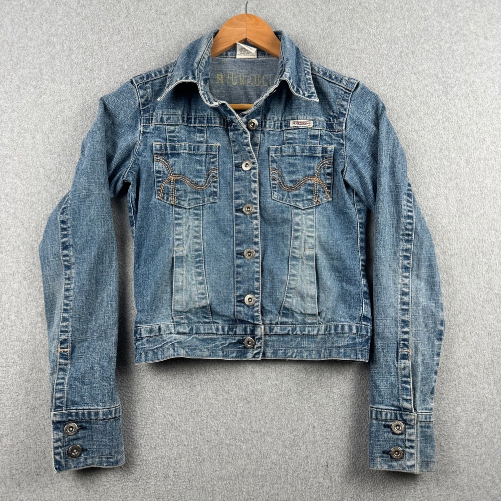 Hydraulic Jacket Womens S Blue Denim Stretch Button Front Contrast Stitch